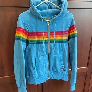 Aviator Nation 5 Stripe Zip Hoodie Ocean Blue - Size Medium